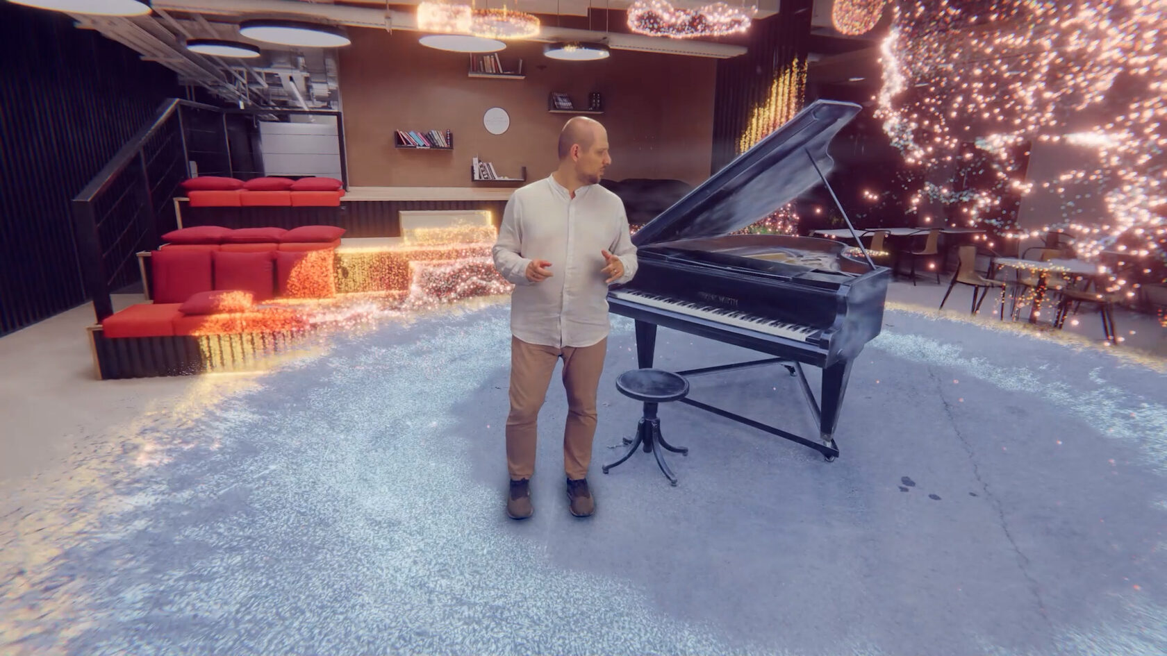 Presenter composited with a Gaussian Splatting piano environment