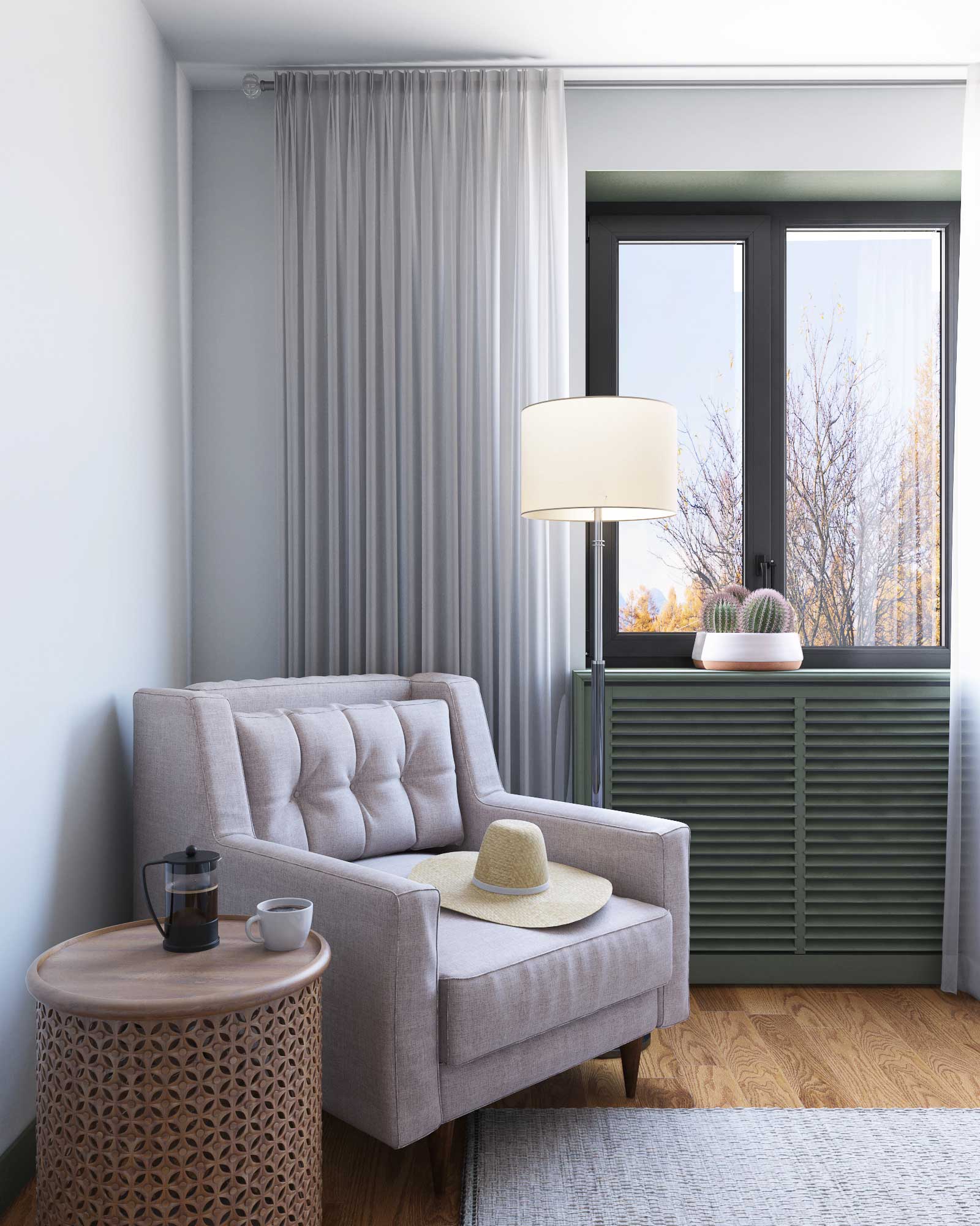 Кресло мидлсенчури у окна. Черные рамы окон, радиаторная решетка из дерева. 