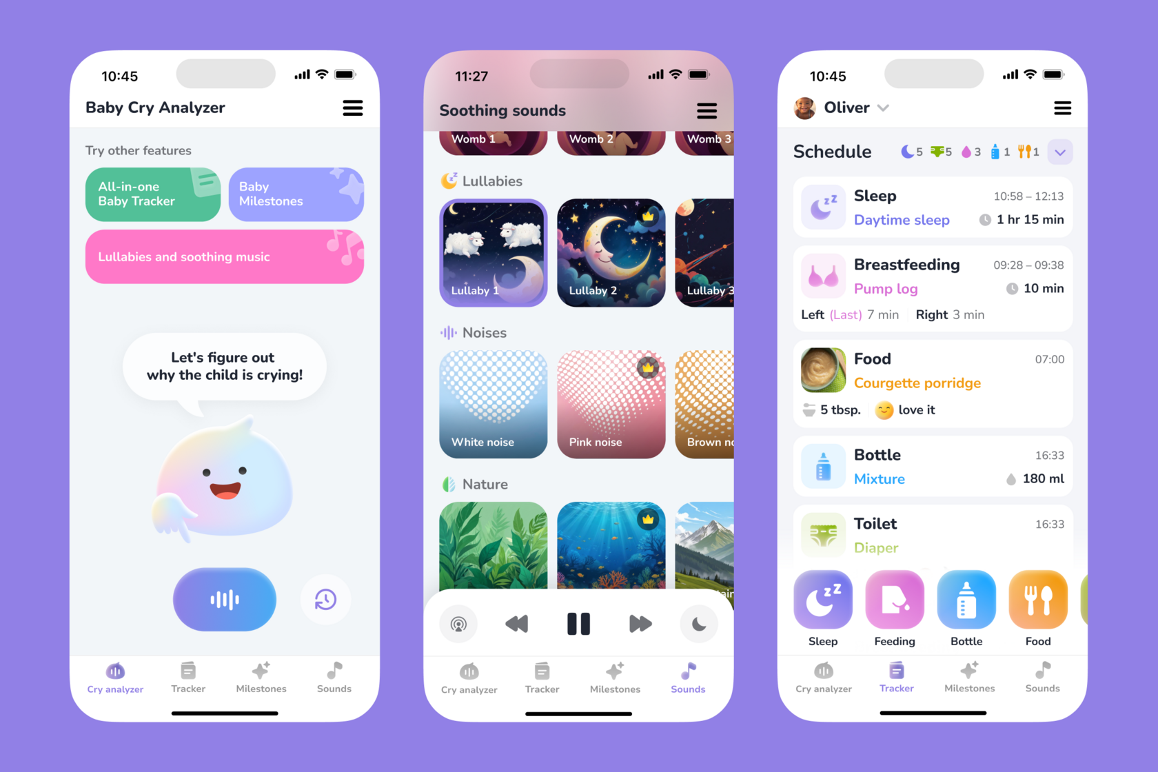 AYA baby app screenshot showing AI cry analyzer, identifying baby’s needs, soothing sounds for sleep, and an all-in-one tracker for feeding, naps, and routines.