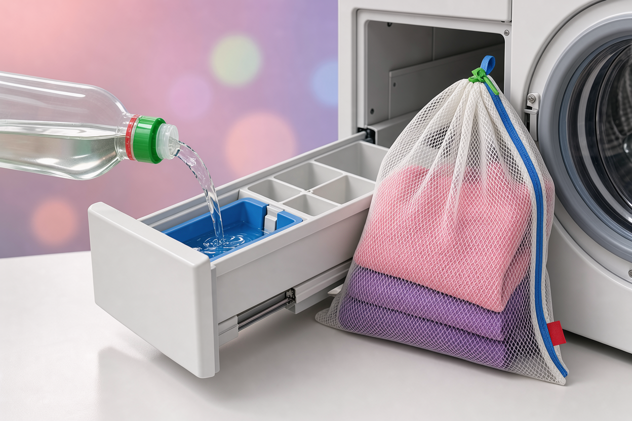 A washing machine front-load drawer with neutral detergent being poured, and a mesh laundry bag with a sweater ready to load