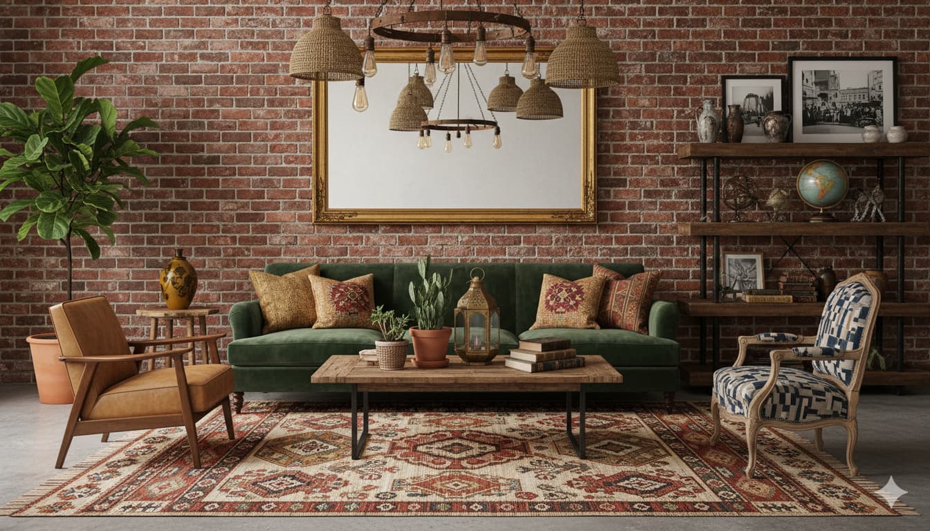Эклектичная гостиная в стиле фьюжн с кирпичной стеной, классическим бархатным диваном и этническим ковром