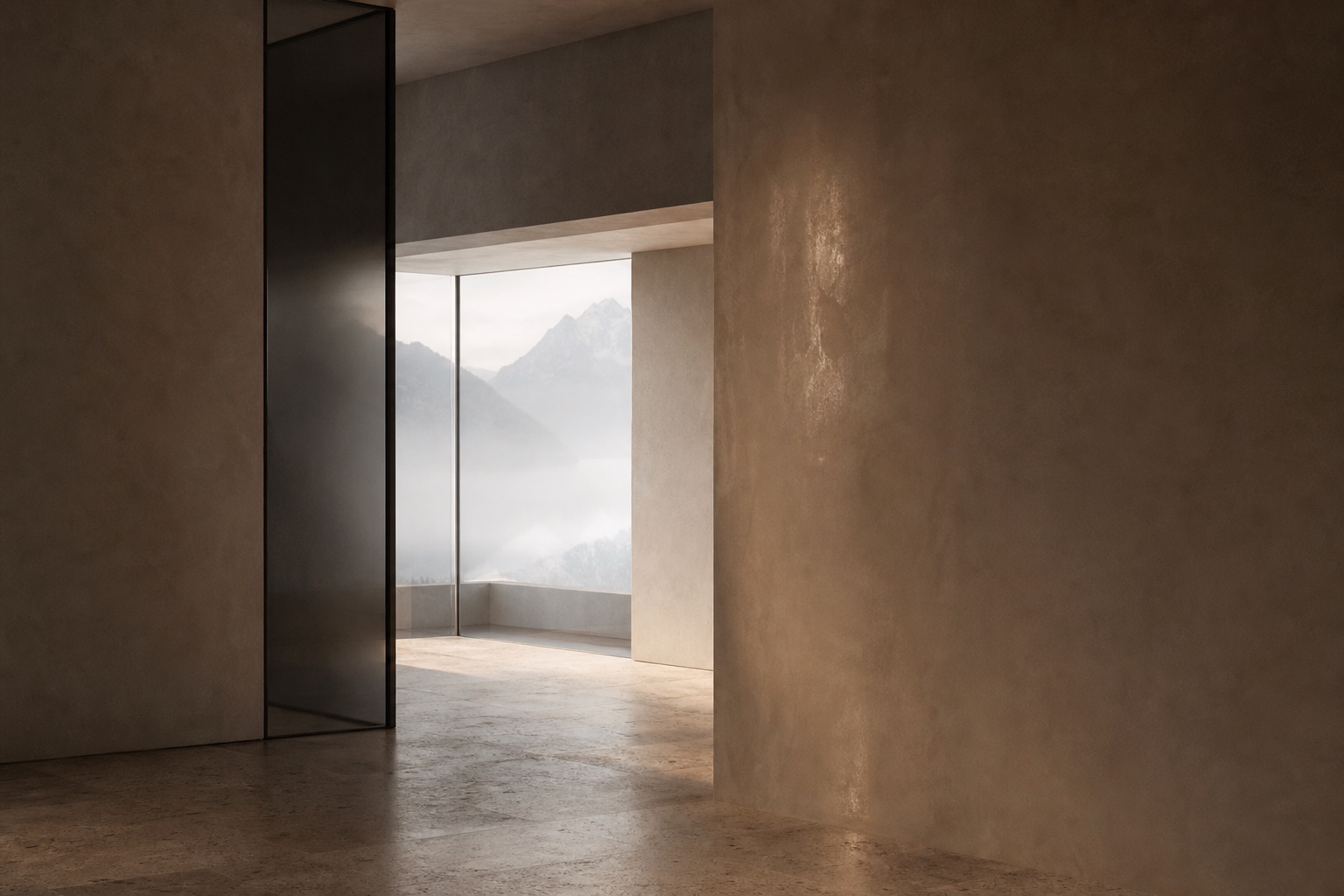 A quiet mineral interior opening onto misty Alpine mountains