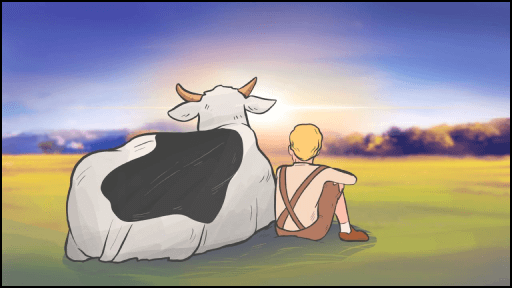 Финальная сцена рекламного повествования: мальчик и корова отдыхают на закате, наслаждаясь природой