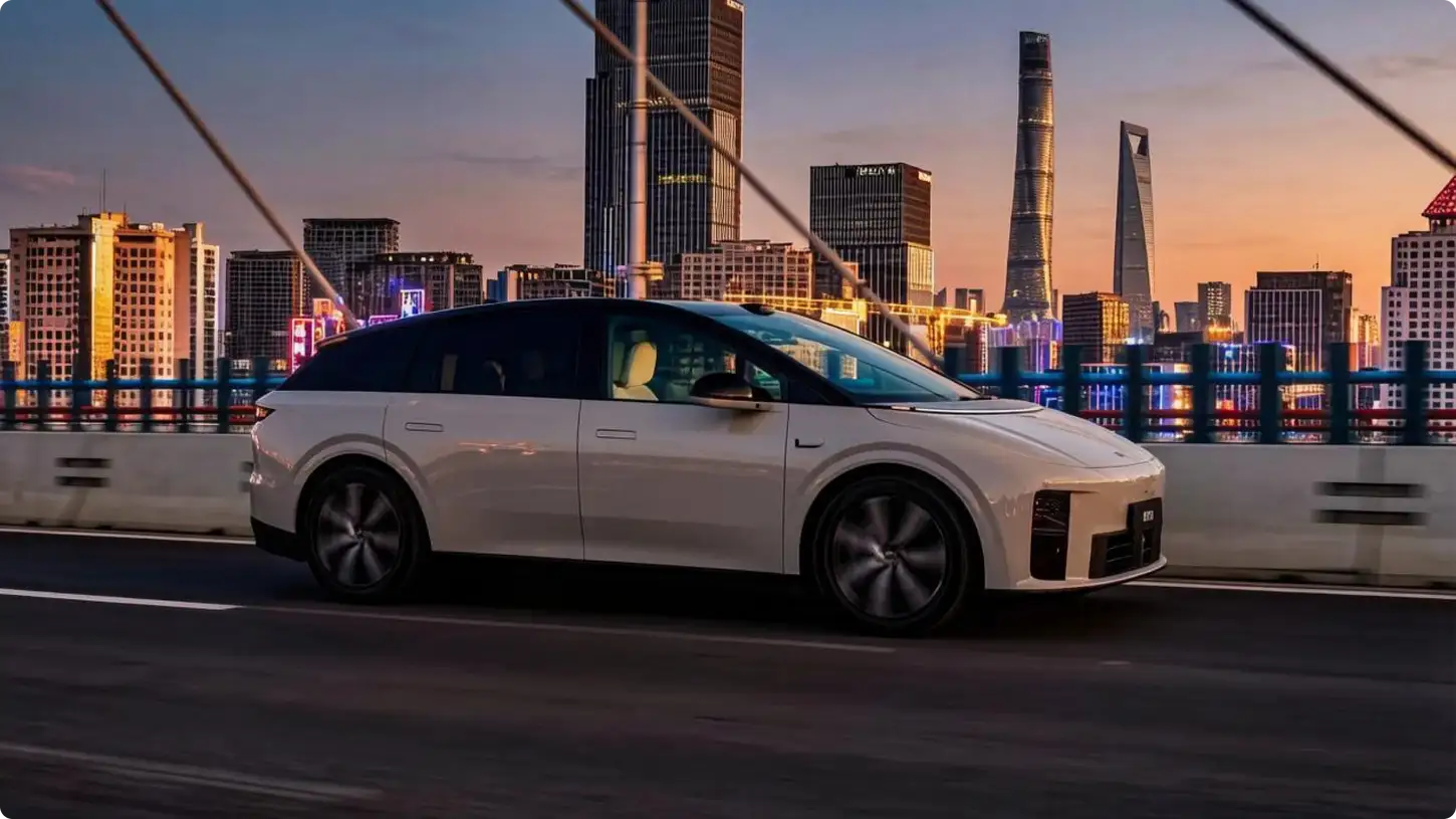 Li Auto i9 в белом цвете в движении на фоне вечернего Шанхая