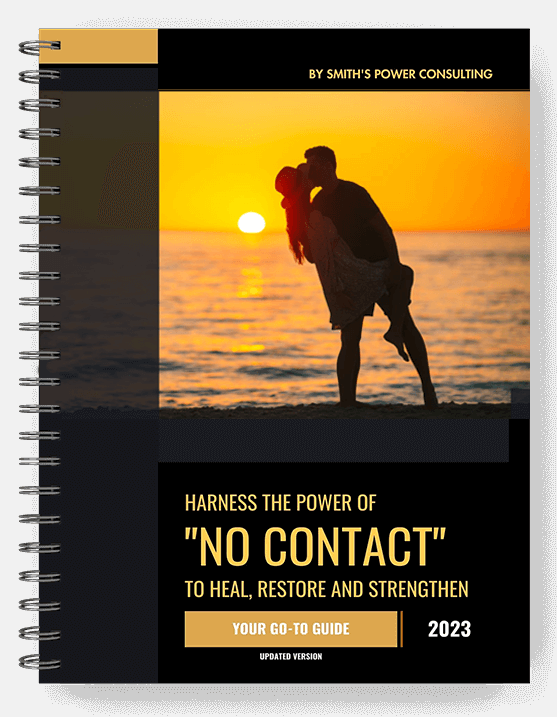 Black notebook cover displaying the title No Contact Guide and an illustration of a smiling couple