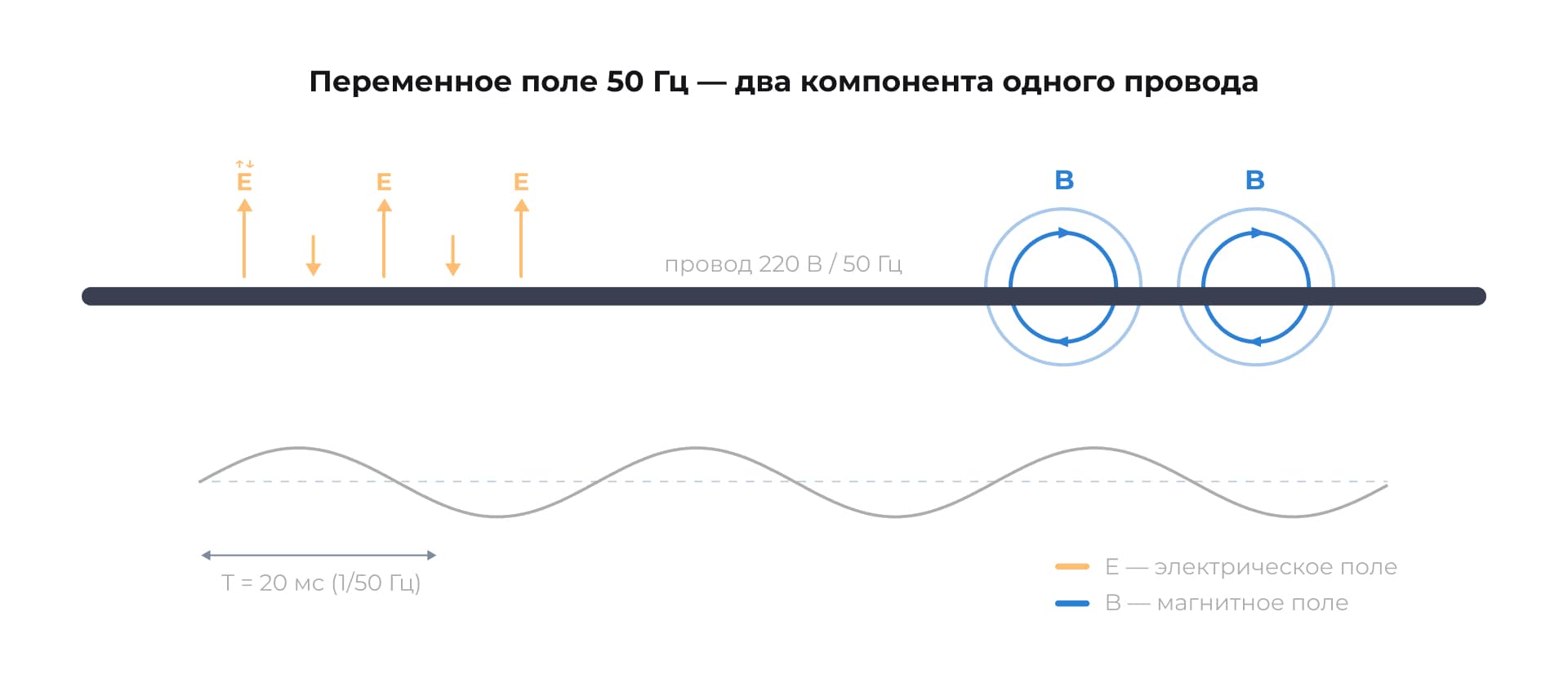 Переменное поле 50 Гц: электрический и магнитный компоненты вокруг провода бытовой электросети 220 В