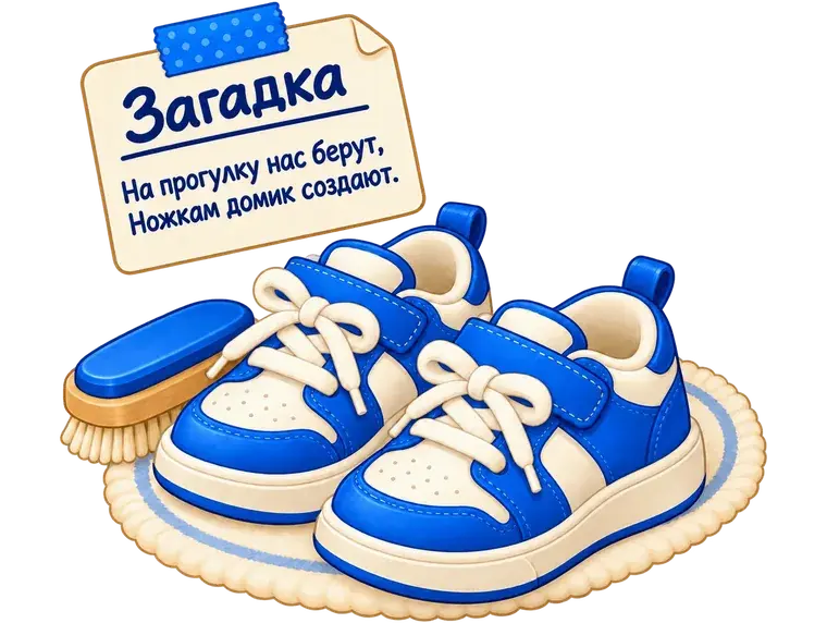 Детские кроссовки на коврике, щётка для обуви и записка-загадка для домашнего квеста