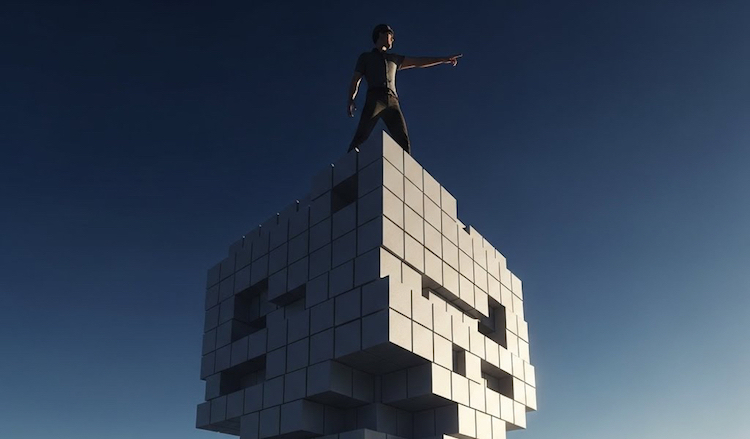 Man Standing on a pile of digital cubes looking to the future