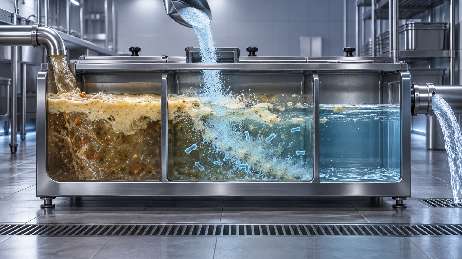 BAM Anti-Grease inside a grease trap: contaminated wastewater, biological product application and cleaner water