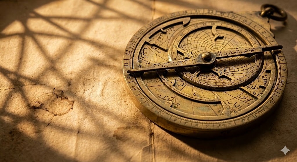 Латунная астролябия отбрасывает сложные тени на старый пергамент