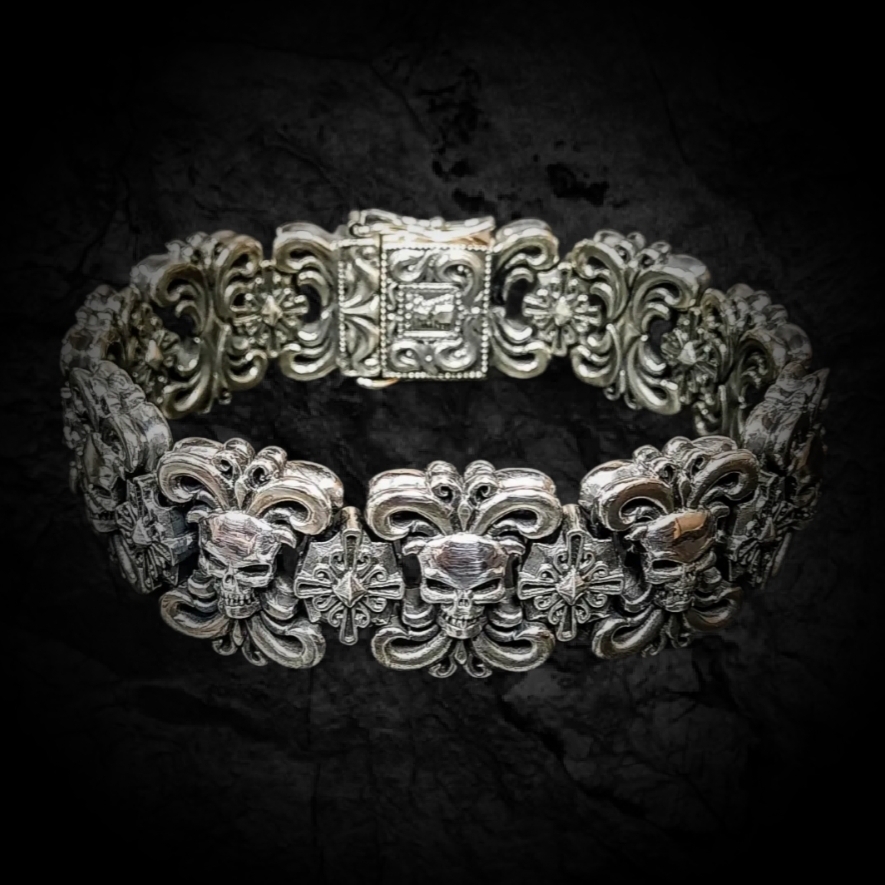 браслет с черепами, браслет с черепами мужской, серебряный браслет с черепами.