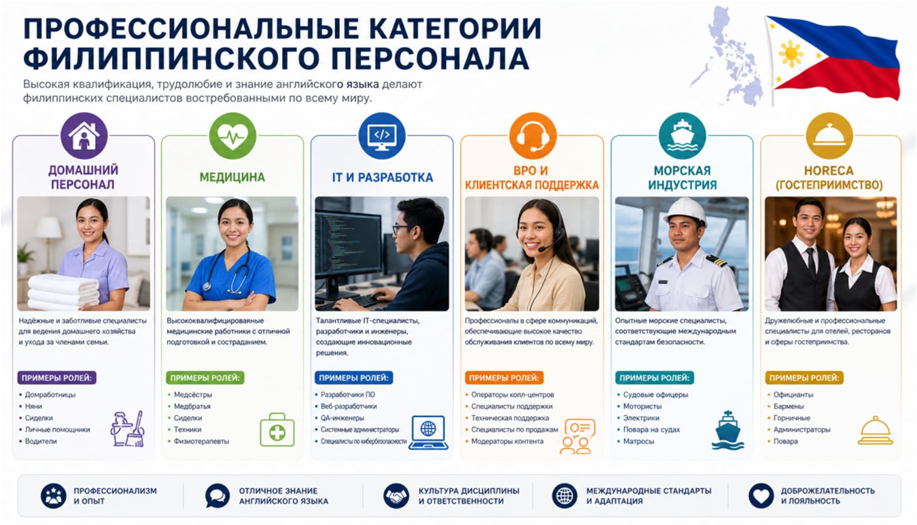 Таблица с профессиональными категориями филиппинского персонала, разделёнными по секторам: домашний персонал, медицина, IT, BPO, морская индустрия, HoReCa — с иконками и кратким описанием каждой категории