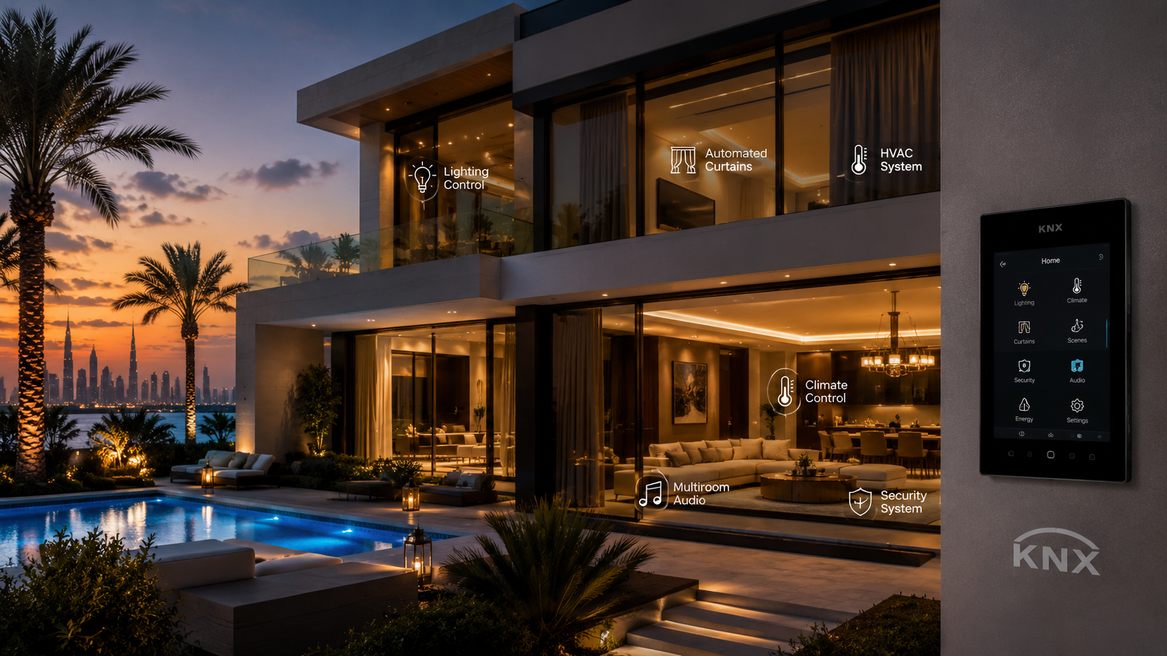 Luxury smart home villa in Dubai with KNX automation intelligent lighting control HVAC automation and smart home technology.