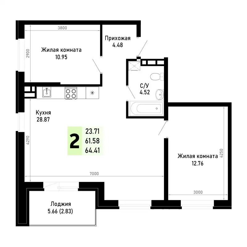 Планировка 2-комнатной квартиры 64.41 м²