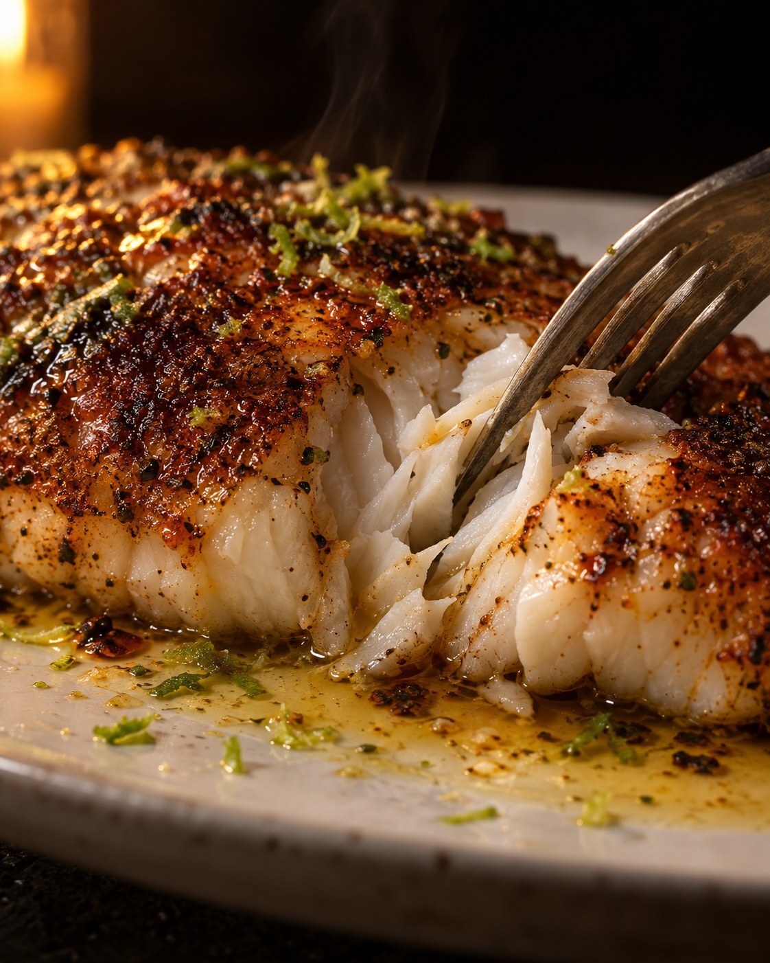 Seared red snapper flaked with a fork, dark spice crust on top and white flakes underneath, close up