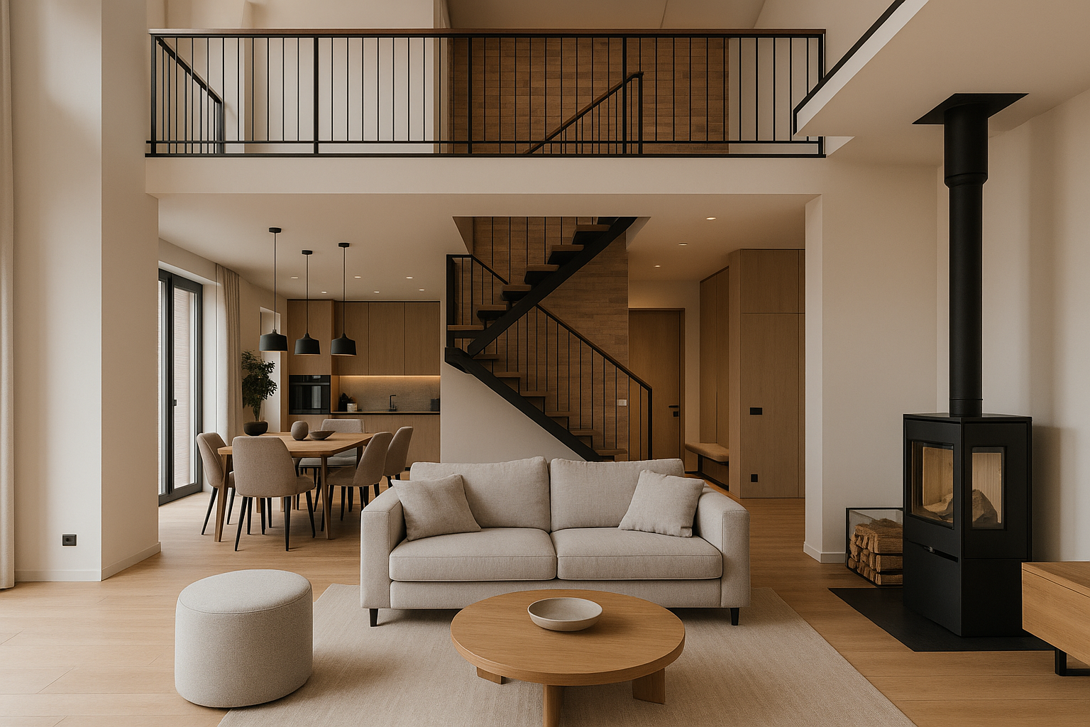 Современный интерьер частного дома с лофтом