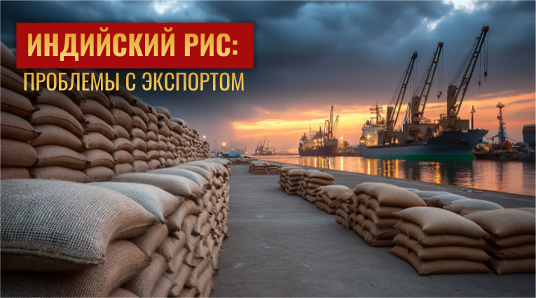 Мешки с индийским рисом, сложенные в порту на фоне грузовых кранов и контейнеровозов на закате, иллюстрируют проблемы с экспортом и логистикой.