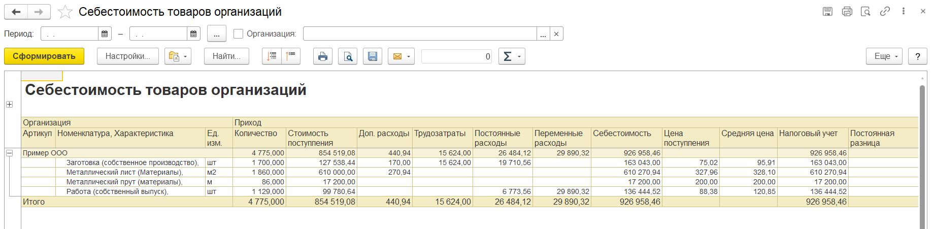 1С Комплексная автоматизация 2 и ERP 2: отчет «Себестоимость товаров организаций», детализация себестоимости по типам расходов в колонках