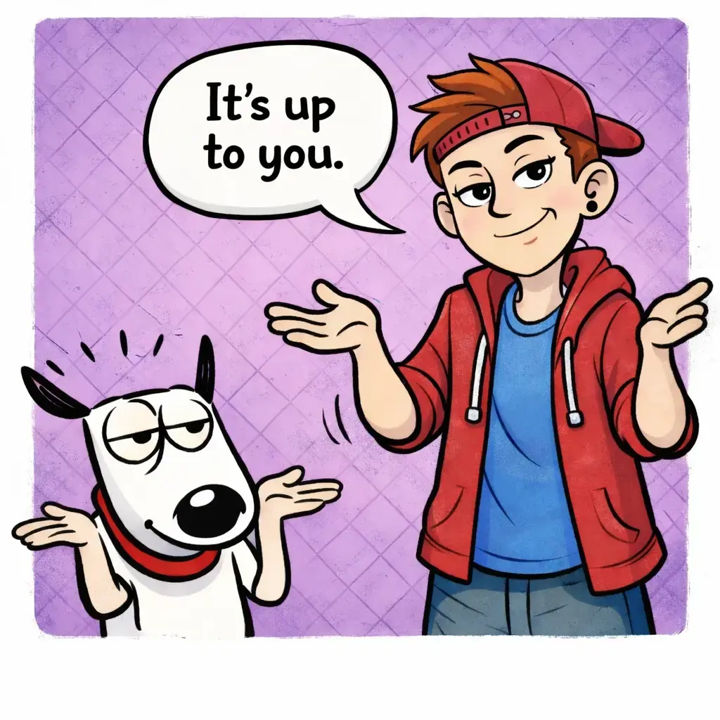 Подросток и собака стоят рядом и пожимают плечами, показывая жест неопределённости и согласия с любым выбором.
