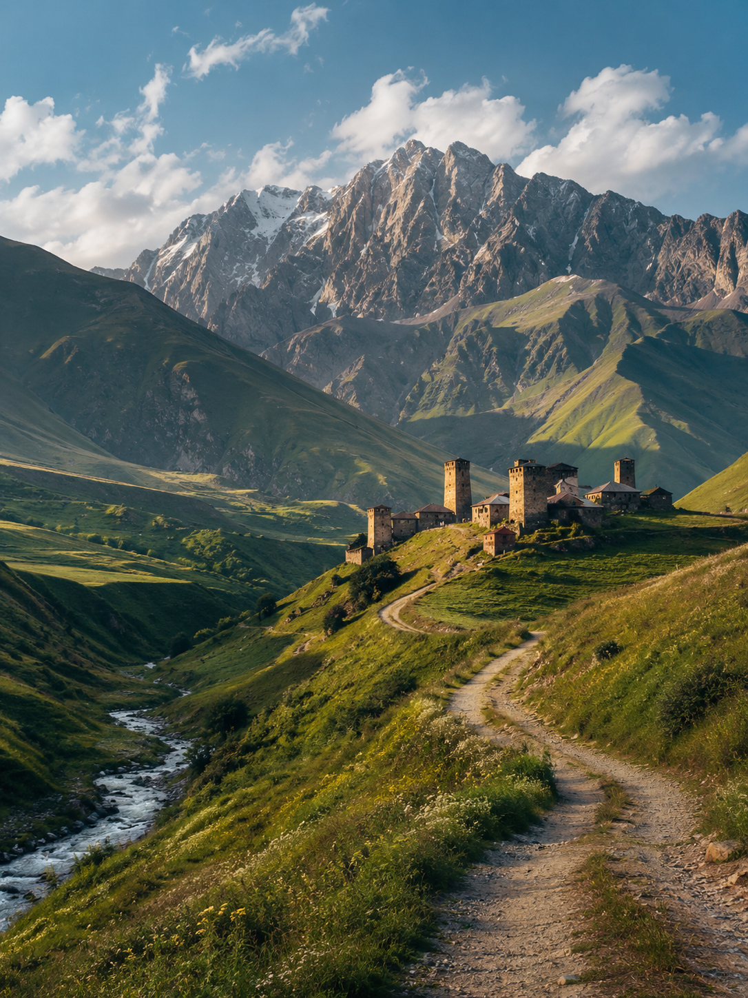 Caucasus mountain landscape with ancient towers and winding trail