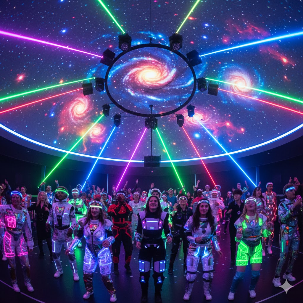 Молодежь отмечает Юрьеву ночь в планетарии под проекцией звездного неба.