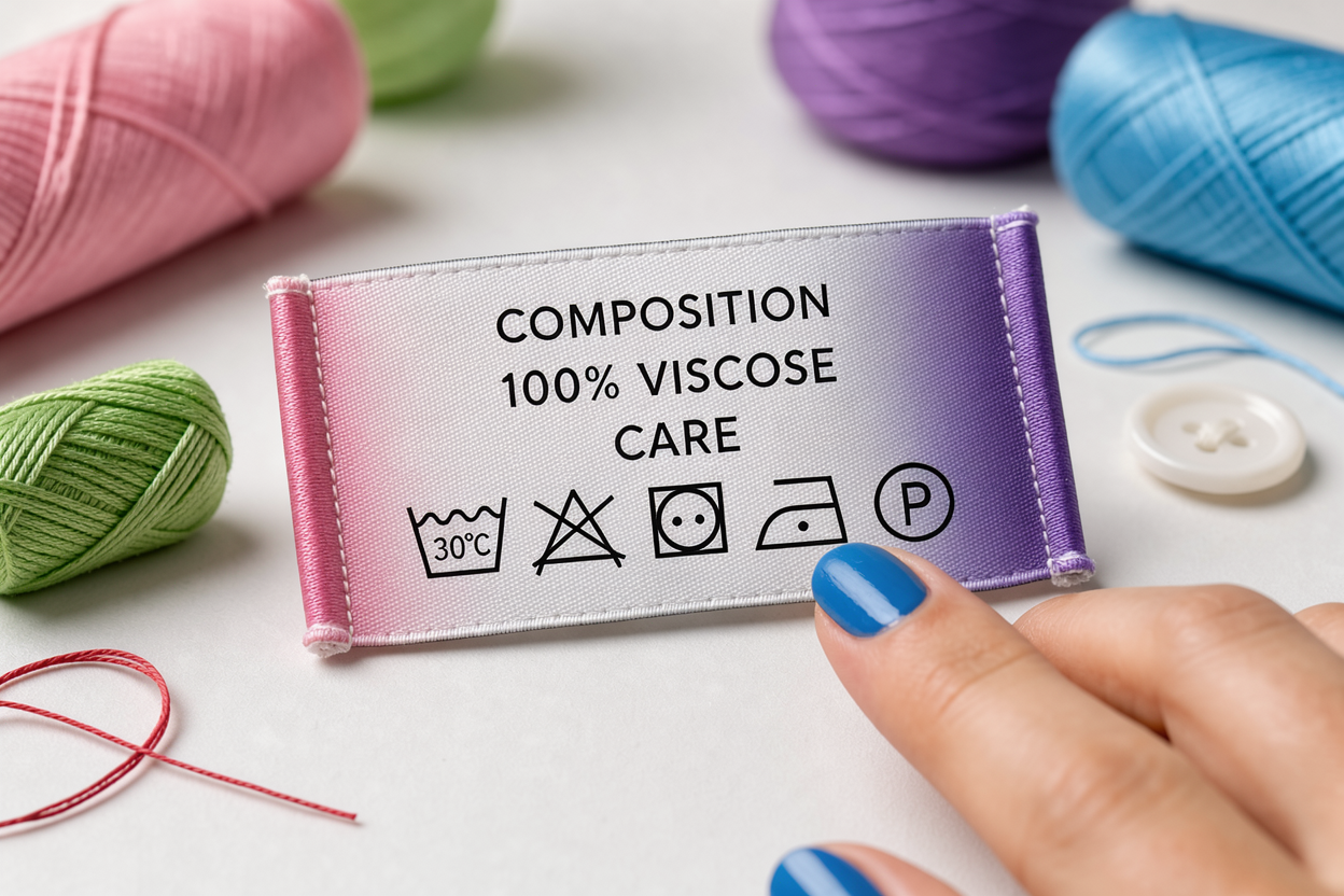 A close-up of a woven clothing label showing fabric composition (viscose) while a hand points to care symbols, soft neutral background