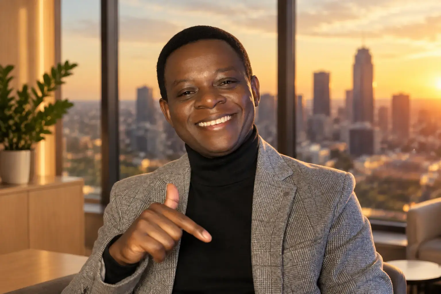 Moses Dlamini in an office overlooking Johannesburg at sunset