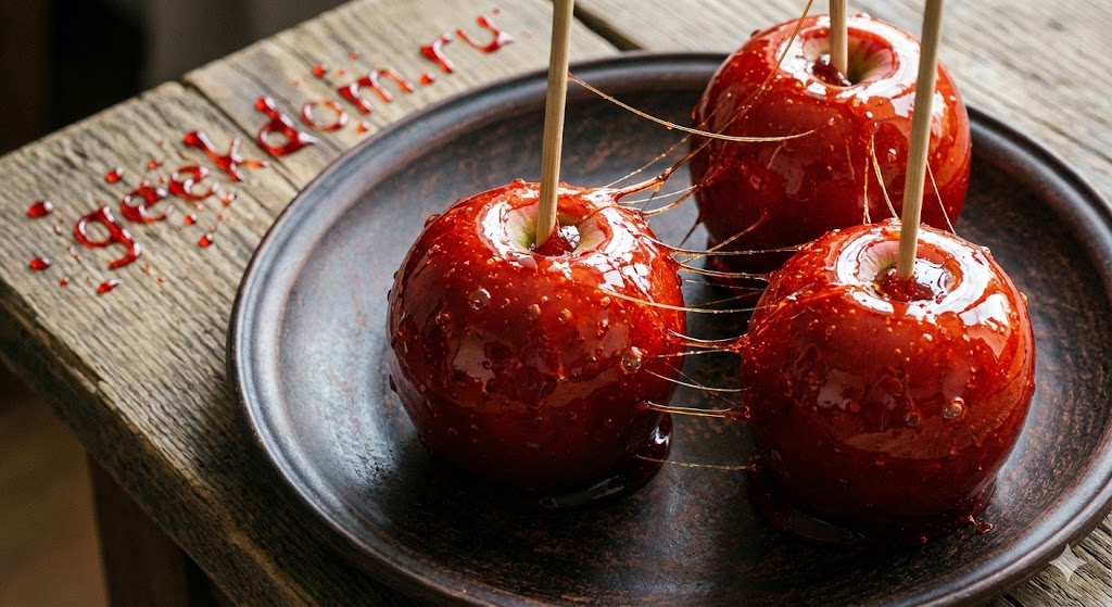 Красные яблоки в карамели на палочке