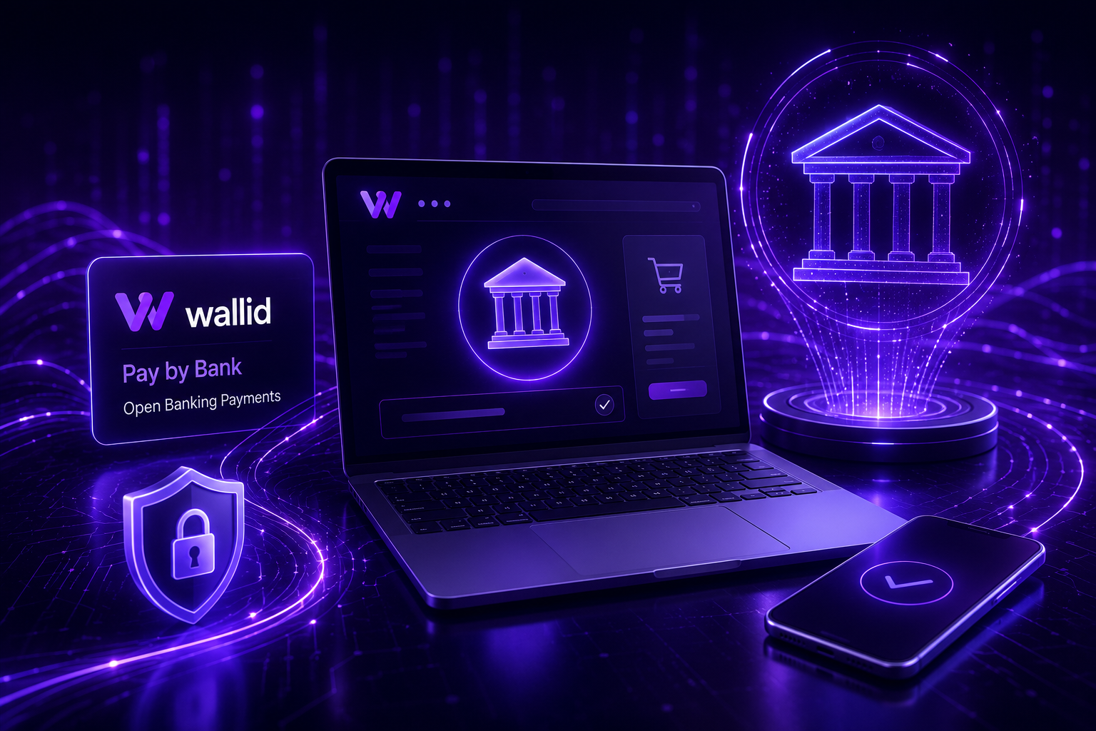 Futuristic illustration of an AI-built ecommerce website connected to Wallids Pay by Bank payment infrastructure through a modern payment API.