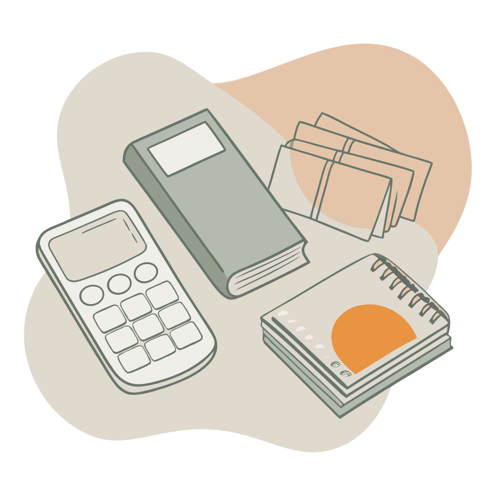 Минималистичная иллюстрация учебных или рабочих предметов, включая калькулятор, книгу и блокнот