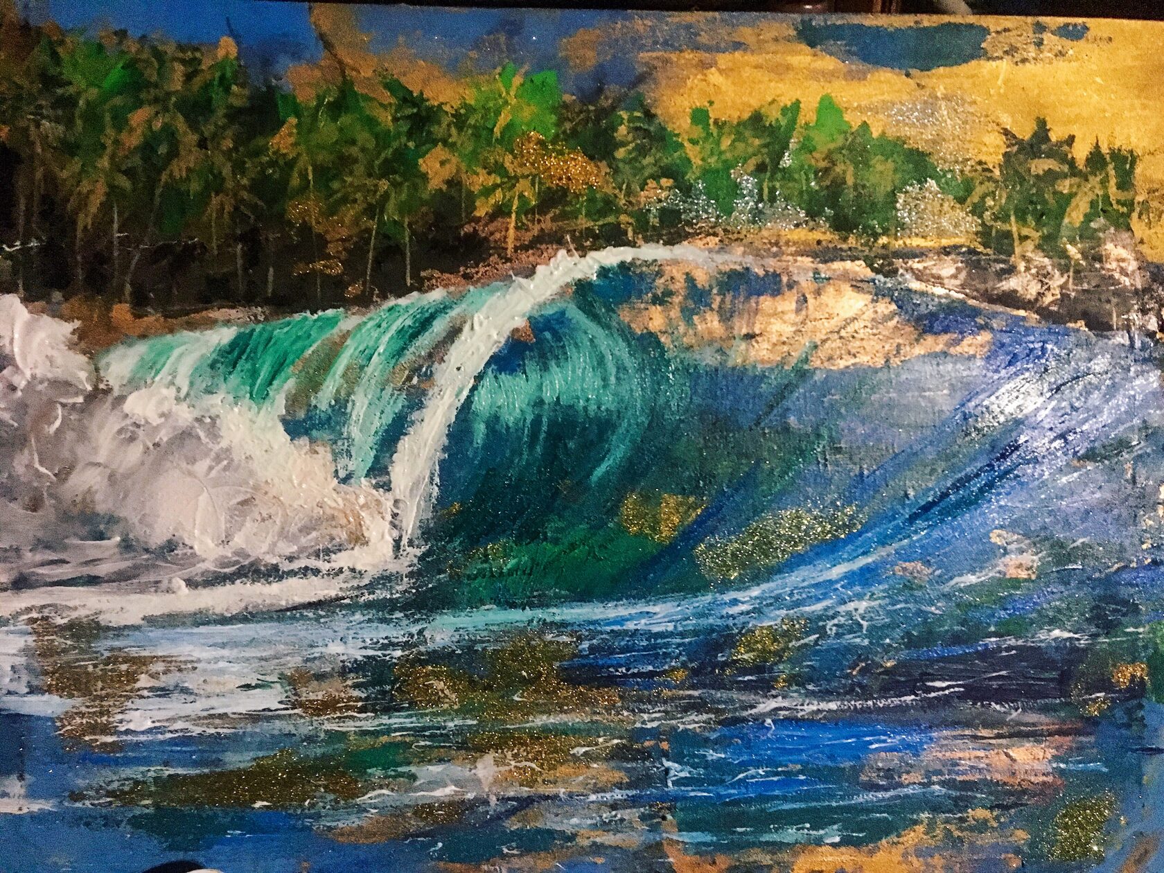 Emerald wave curling, gold leaf accents, tropical coastline — oil on canvas