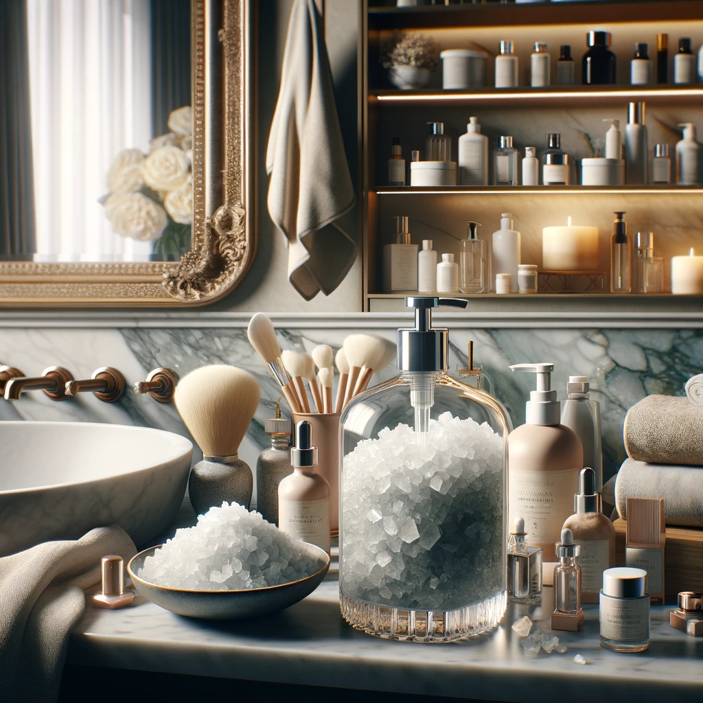 A luxurious bathroom setting with a large mirror, marble sink, and a shelf of cosmetic products. In the center, an open bottle showcasing alum crystals is prominent, surrounded by various cosmetic items indicating the diverse use of alums. The focus is on secondary objects like elegant decor elements emphasizing the naturalness and safety of the products, and a delicate antiperspirant cream in an elegant bottle, symbolizing skin care and protection. The scene conveys the theme of natural beauty and wellness, with a serene and upscale atmosphere.