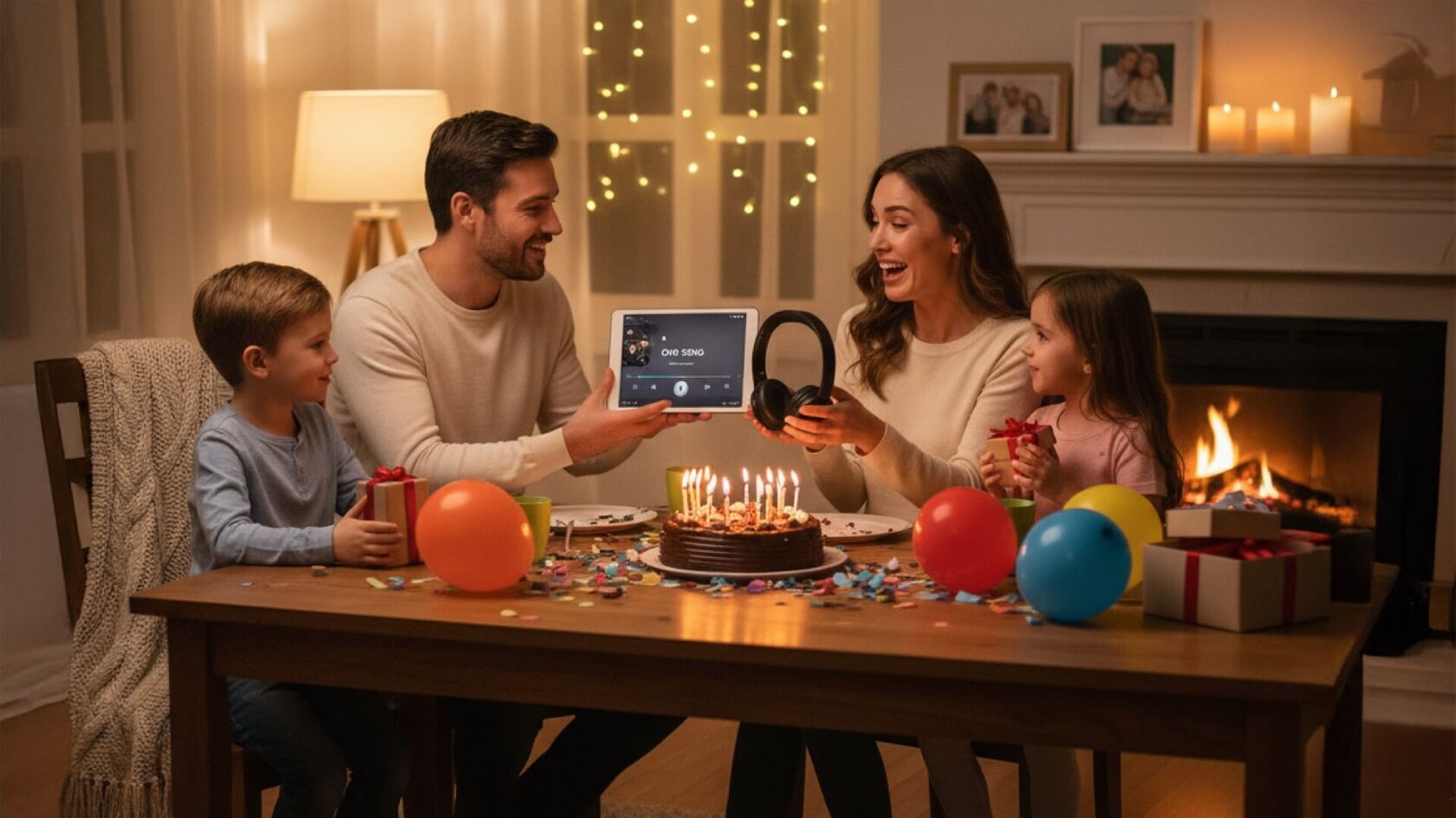 емья дарит песню в подарок на день рождения: праздничный торт со свечами, дети и родители радуются и дарят эмоции имениннице