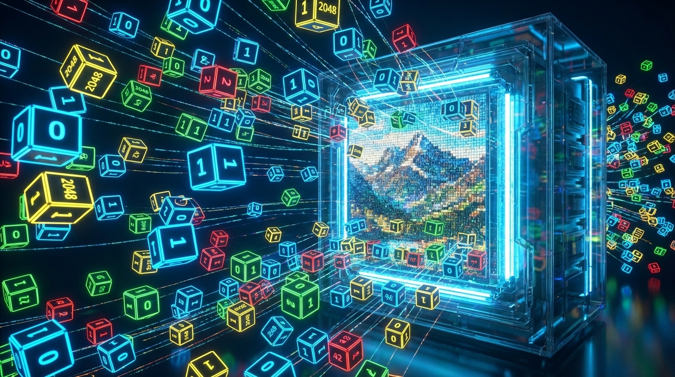 Цифровые кубики складываются в цельную картинку внутри мощного футуристичного компьютера
