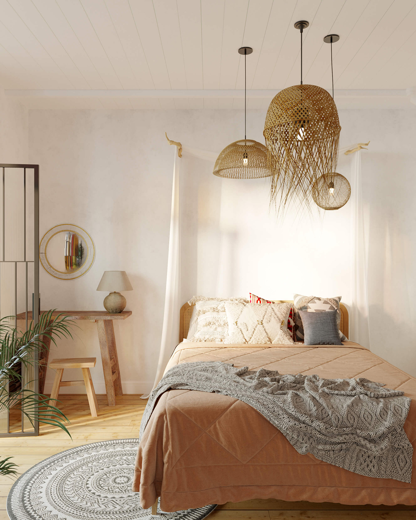 Спальная комната из дизайн проекта "Уютный лофт". Плетёные люстры, разнообразие текстиля, мебель из дерева, аутентичный ковёр