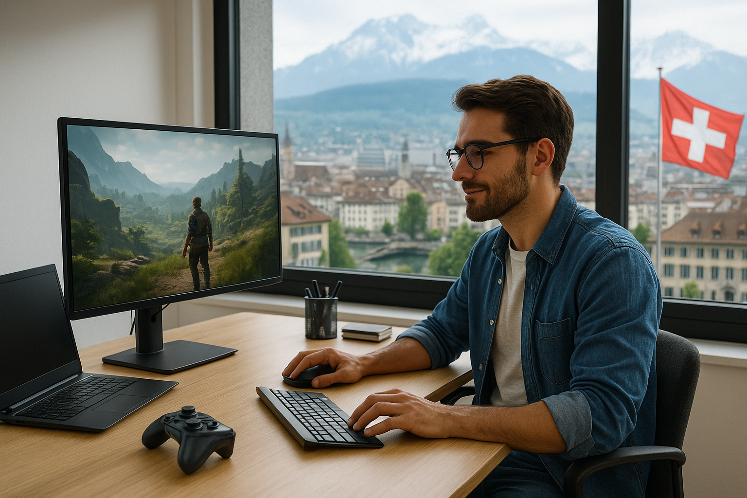 Emprendedor trabajando de forma remota en Suiza en un proyecto de desarrollo de videojuegos