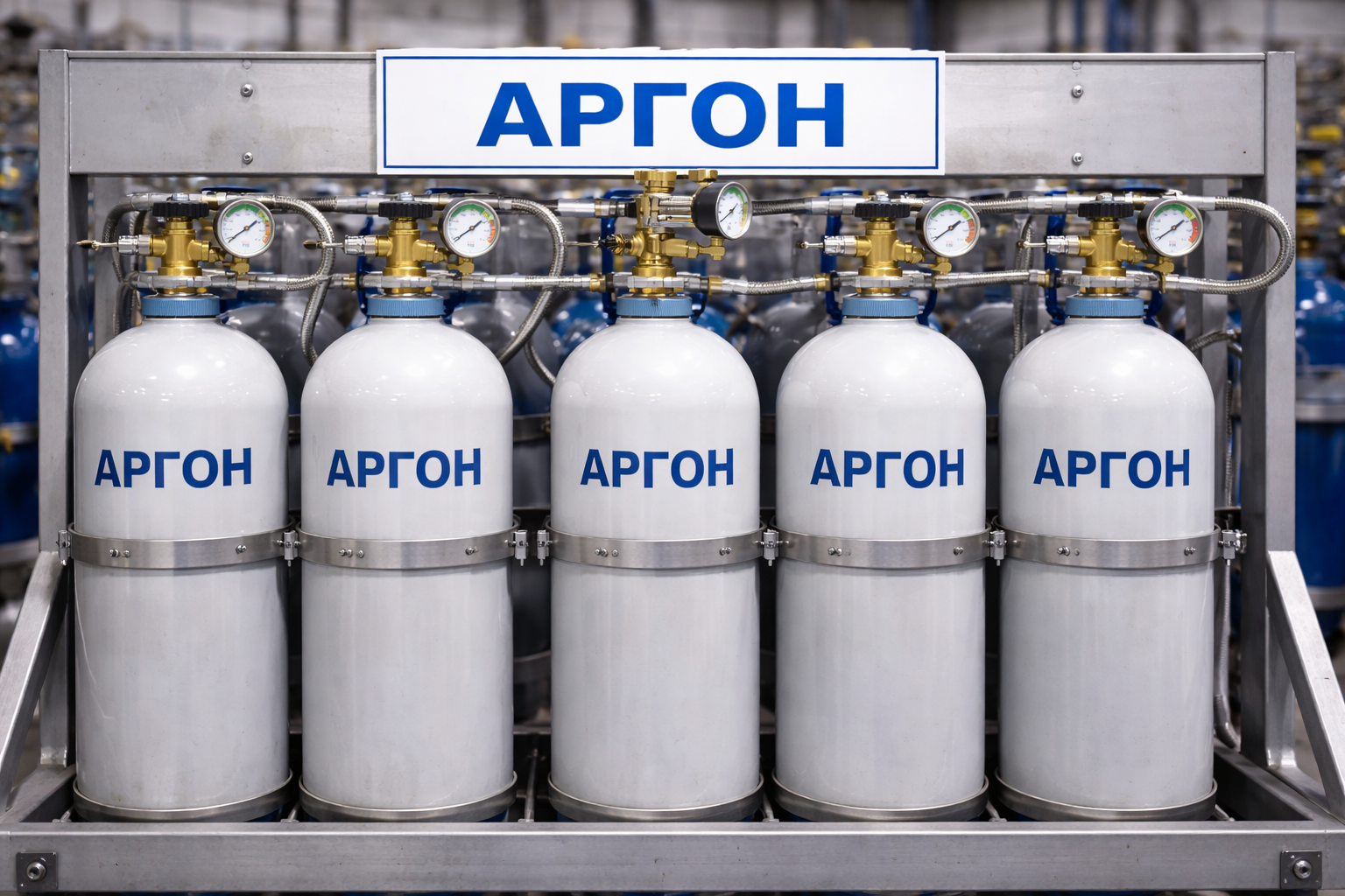 Газовая рампа с серыми баллонами, подключёнными к распределительному коллектору с редукторами и манометрами в промышленном помещении.