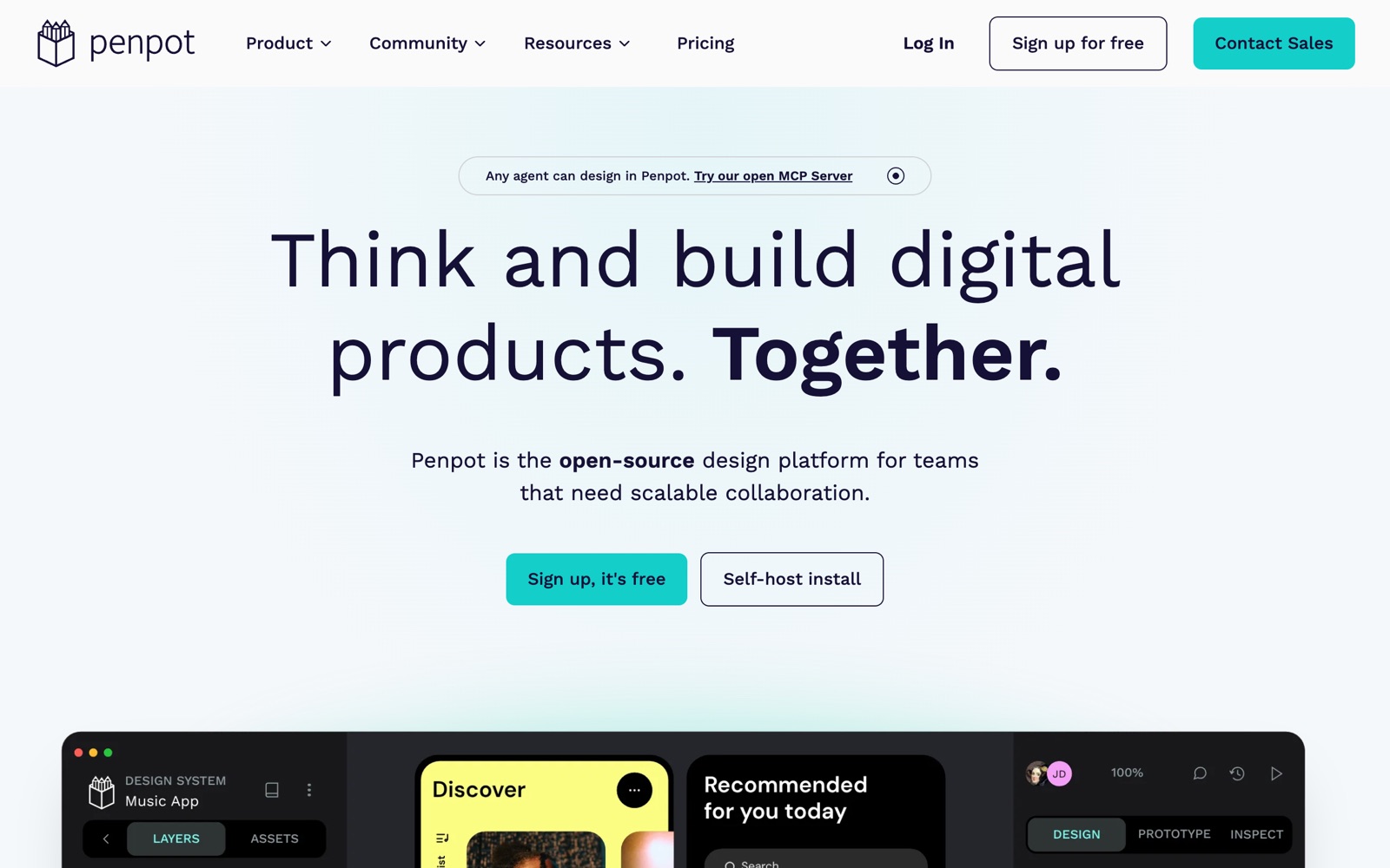 Penpot homepage screenshot: open-source design and prototyping platform