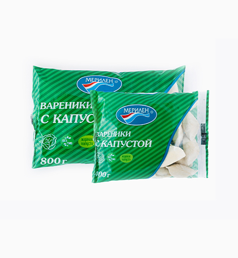 Вареники «С капустой» от производителя Мерилен — замороженные полуфабрикаты с начинкой из жареной капусты, классический домашний вкус. Упаковка: 400 гр./800 гр.