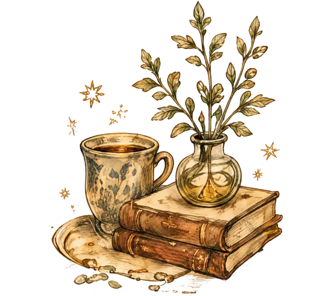 Чашка, книги и растение