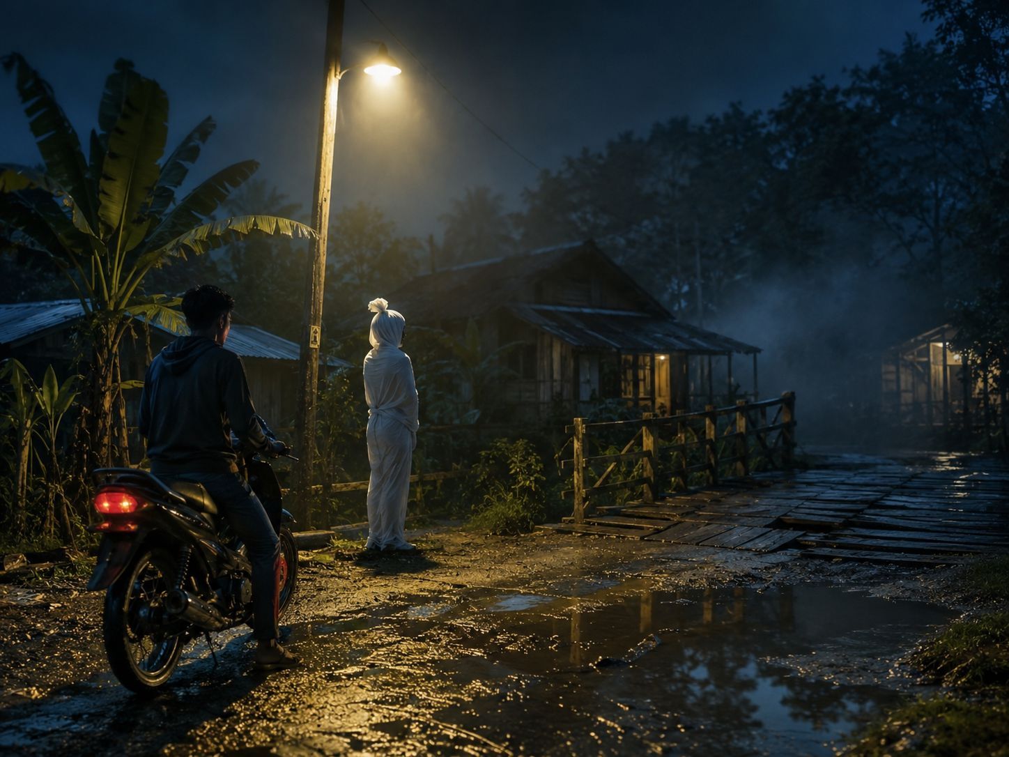 Pocong berdiri di jalan kampung seolah memperingatkan pengendara tentang jembatan yang rusak