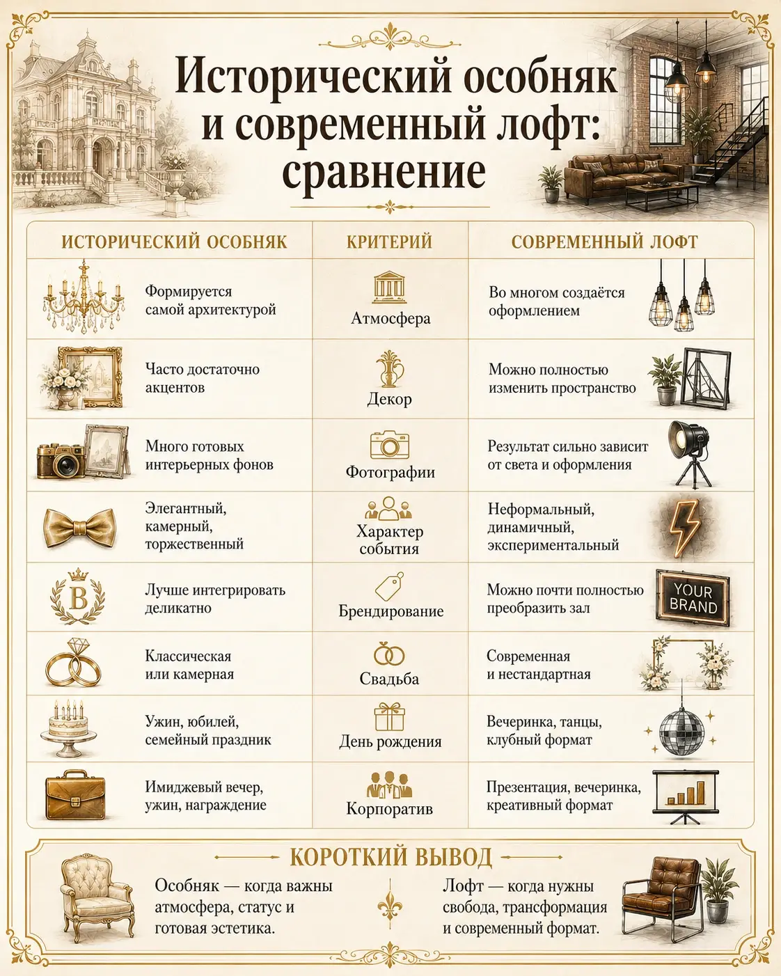 Сравнение исторического особняка и современного лофта для проведения мероприятия