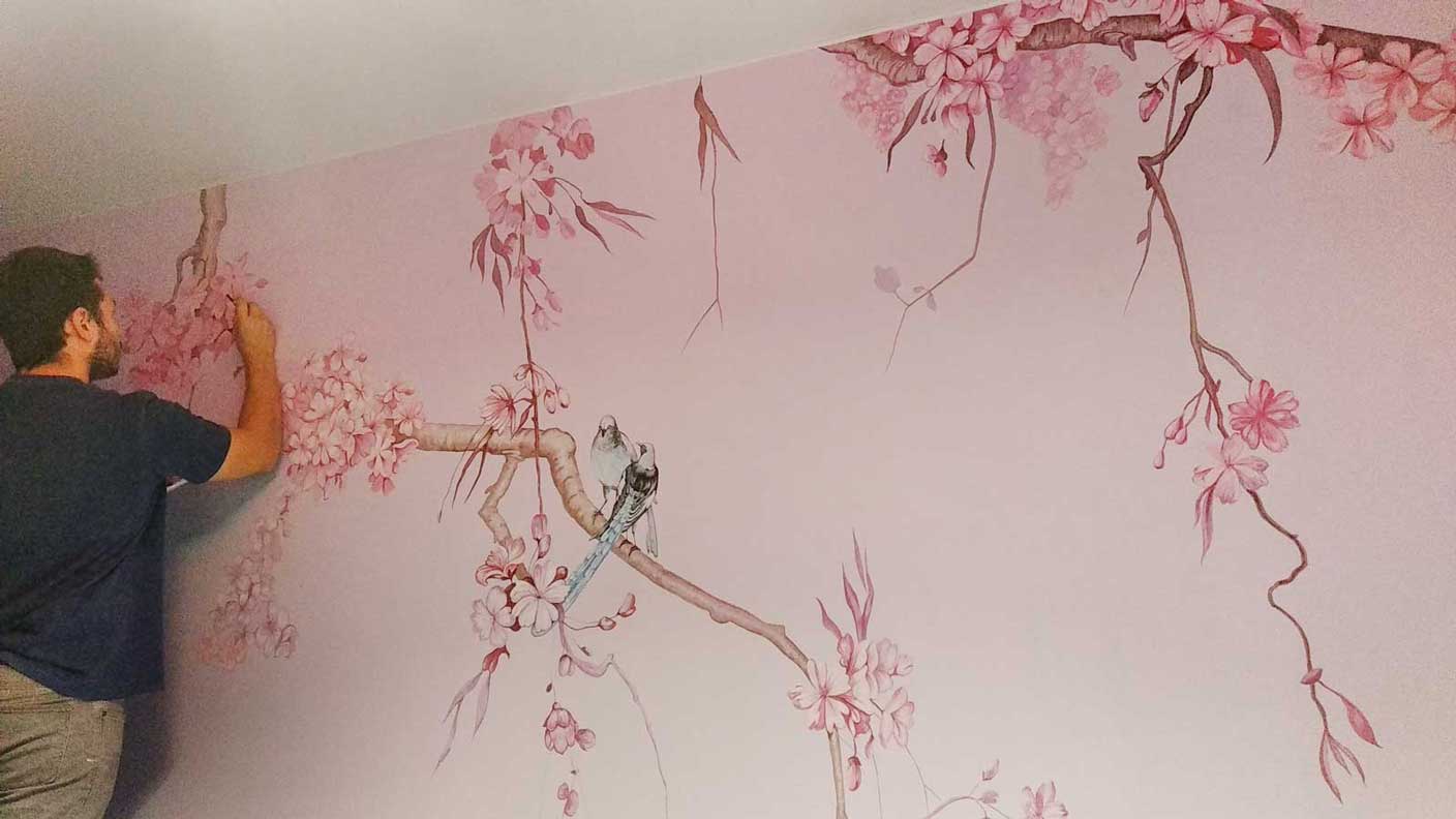 Роспись стен в интерьере, Роспись стен в интерьере эскиз, Роспись стен интерьера, Роспись стен сакура