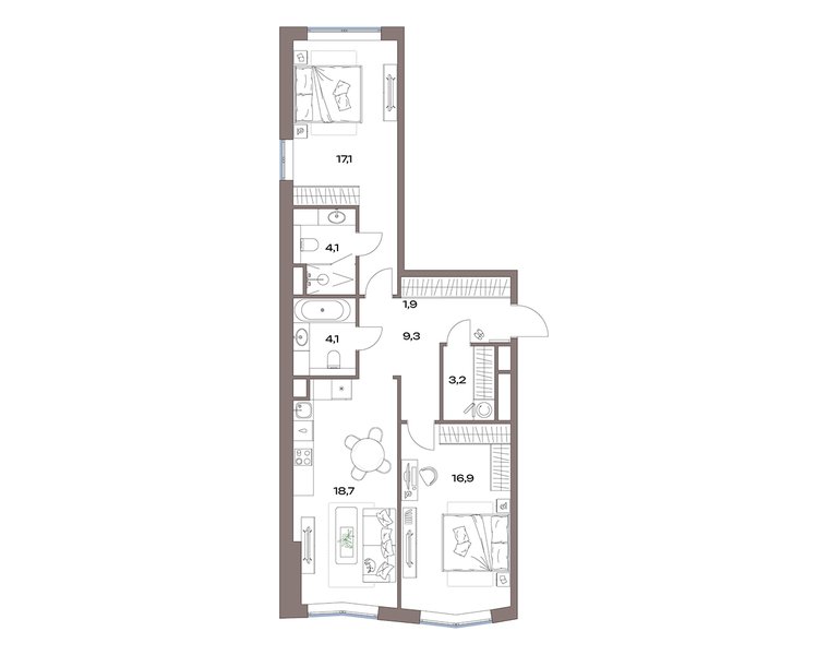 Планировка: 2-комнатная с европланировкой 76,8 м² в ЖК «Акценты», корпус 13, 3-й этаж