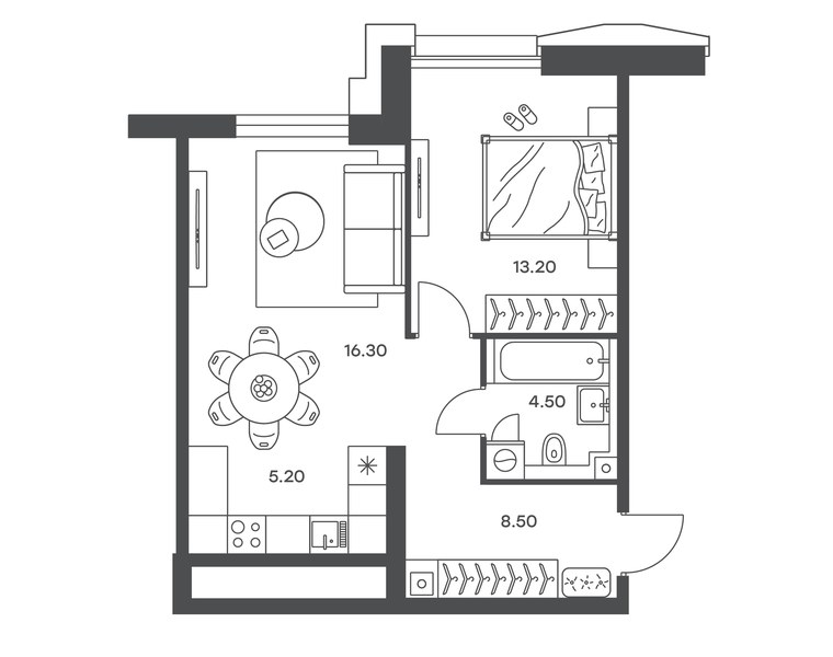Планировка 2-комнатной квартиры 47,7 м² в ЖК «Инджой»: секция 10, 19-й этаж