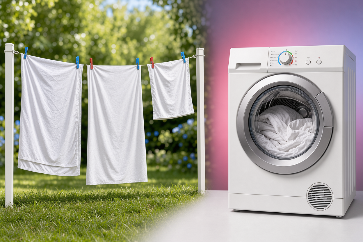 Line of clean bed linen drying on a clothesline outdoors and another set in a tumble dryer with visible temperature dial, no brand signage