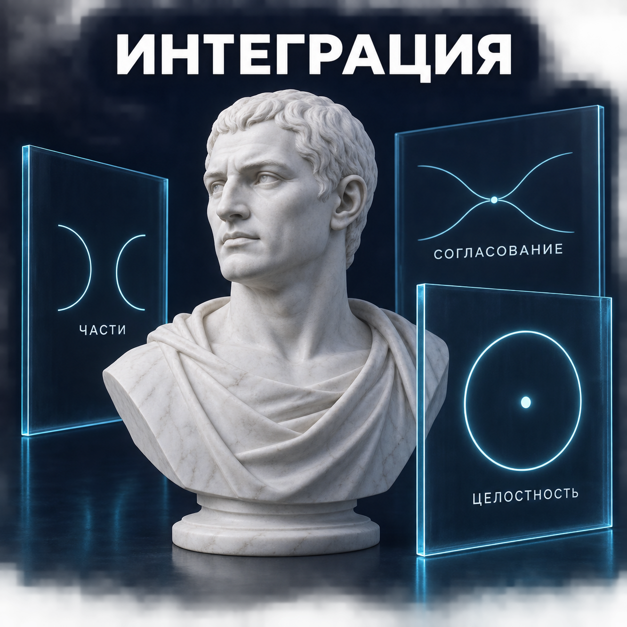Интеграция: скульптурный бюст и схемы на прозрачном стекле