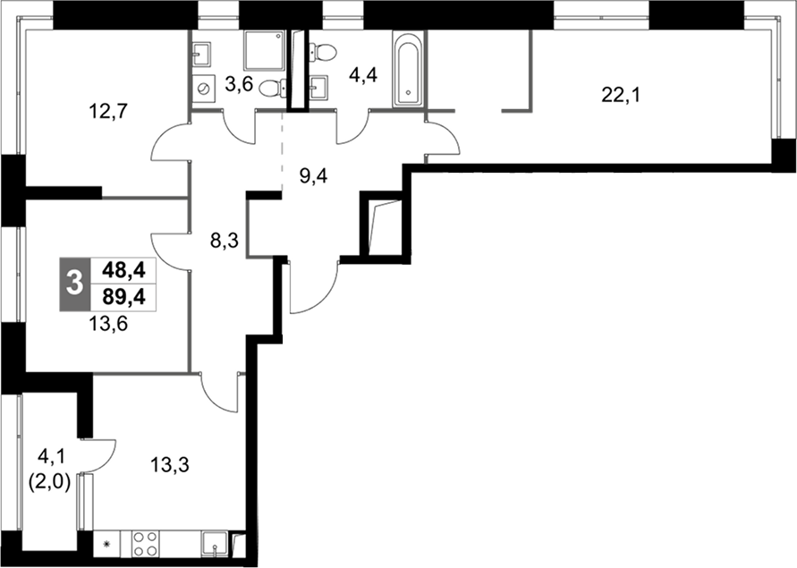 4-комн — 89,4 м²