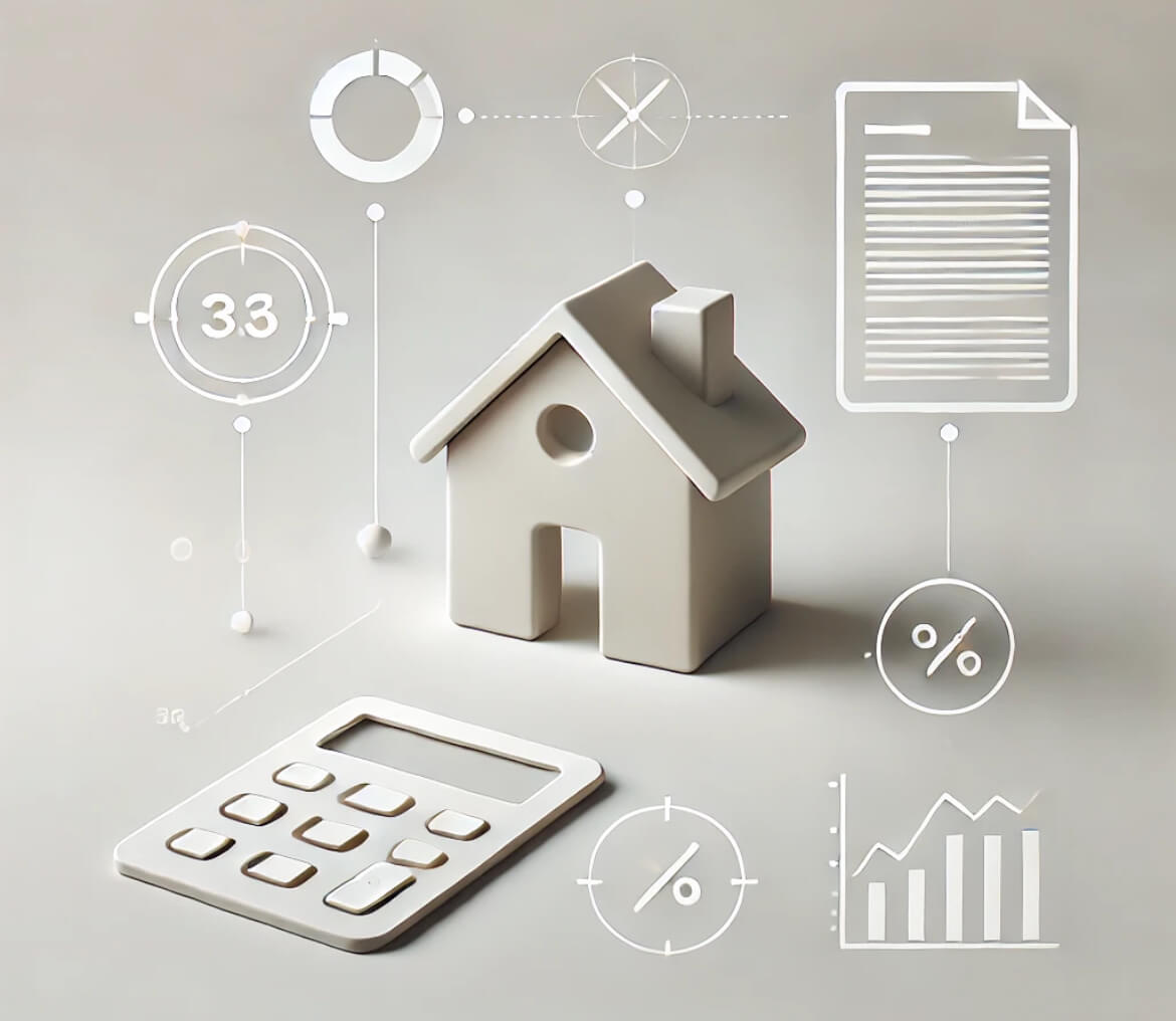 A graphic with drawn percentages and calculations surrounding a house.