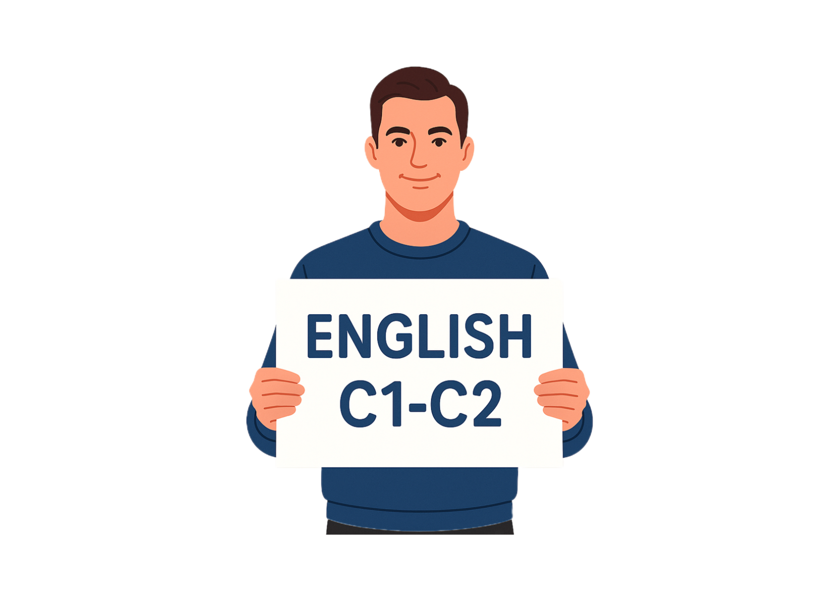 Мужчина с табличкой English C1–C2 — продвинутые уровни английского языка по шкале CEFR